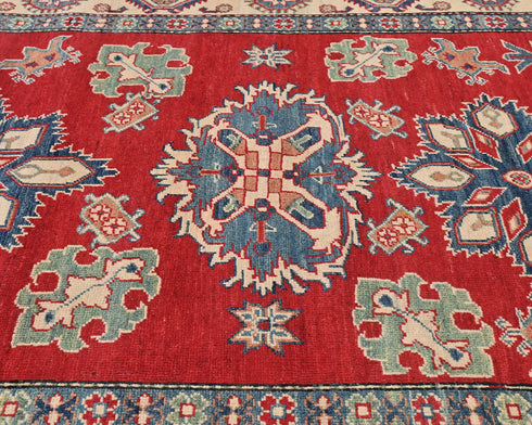 5x7 Red Kuba Afghan Hand Knotted Wool Area Rug